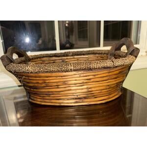 Vintage Brown Wicker Rattan Oval Decorative Basket With Handles 15 in X 11 in